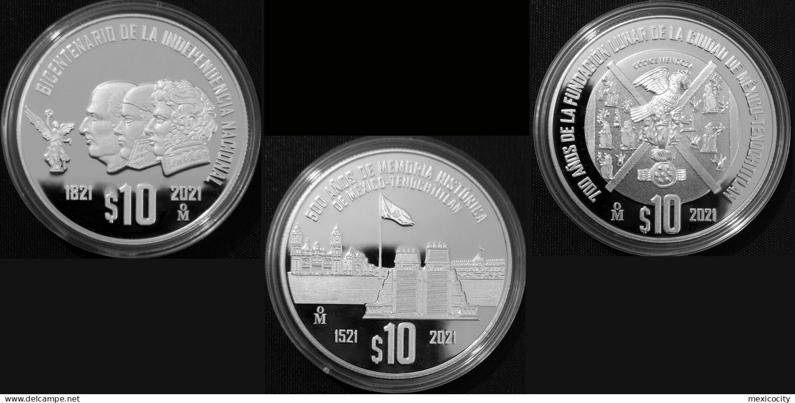 MEXICO 2021 $10 INDEPENDENCE 3 SILVER Comm. Coin Set, PROOF Ed. In Capsules, See Imgs., Scarce Ltd. Ed. - México