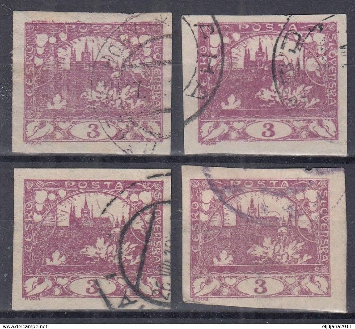 ⁕ Czechoslovakia 1918 Republic ⁕ Hradcany 3 H. Mi.1 ⁕ 4v Used / Shades / Imperf. - Usati