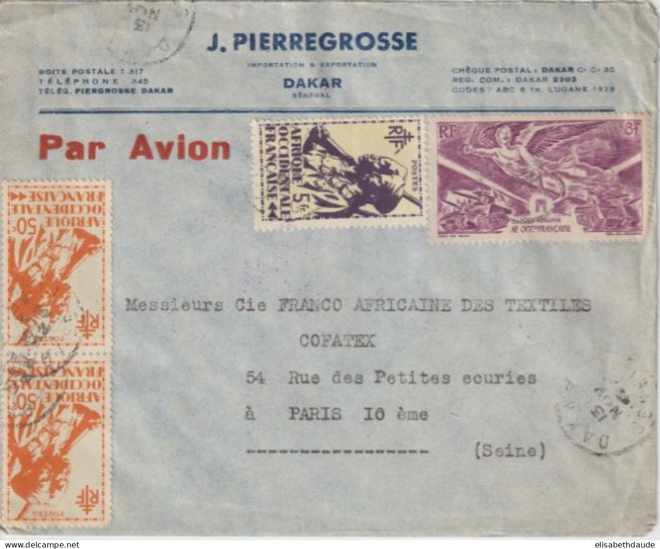 1946 - AOF / SENEGAL - SERIE DE LONDRES - ENVELOPPE De DAKAR (CACHET COMMERCIAL DATE AU DOS !) => PARIS - Brieven En Documenten