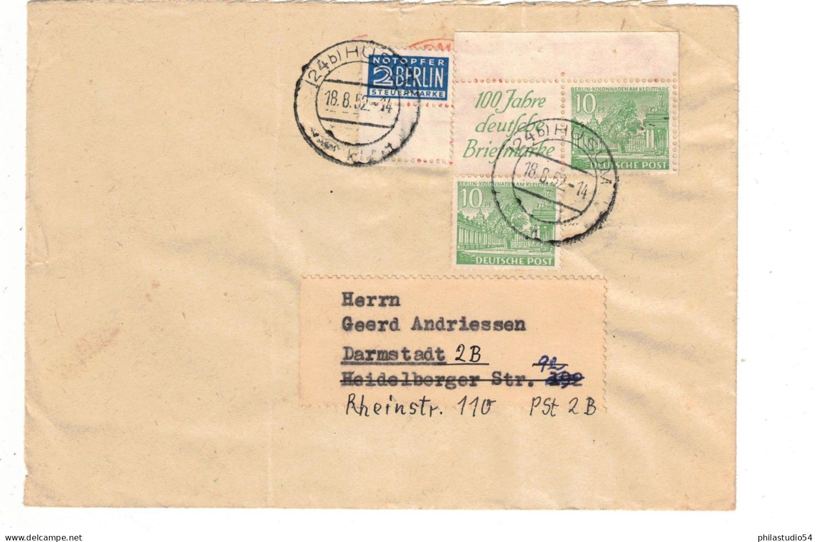 1949, Zusammendrck 2x 10 Pfg. Bauten Und Rekleme Auf Fernbrief - Brieven En Documenten