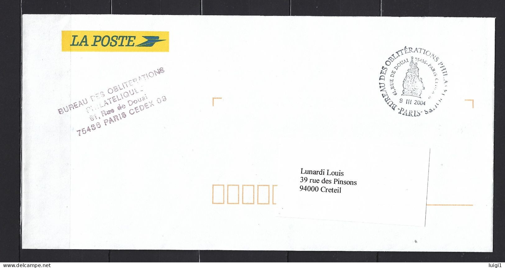 FRANCE 2004. Enveloppe LA POSTE -  Expéditeur : Bureau Des Oblitérations Philatéliques PARIS.  Avec Cachet Illustré. - Storia Postale