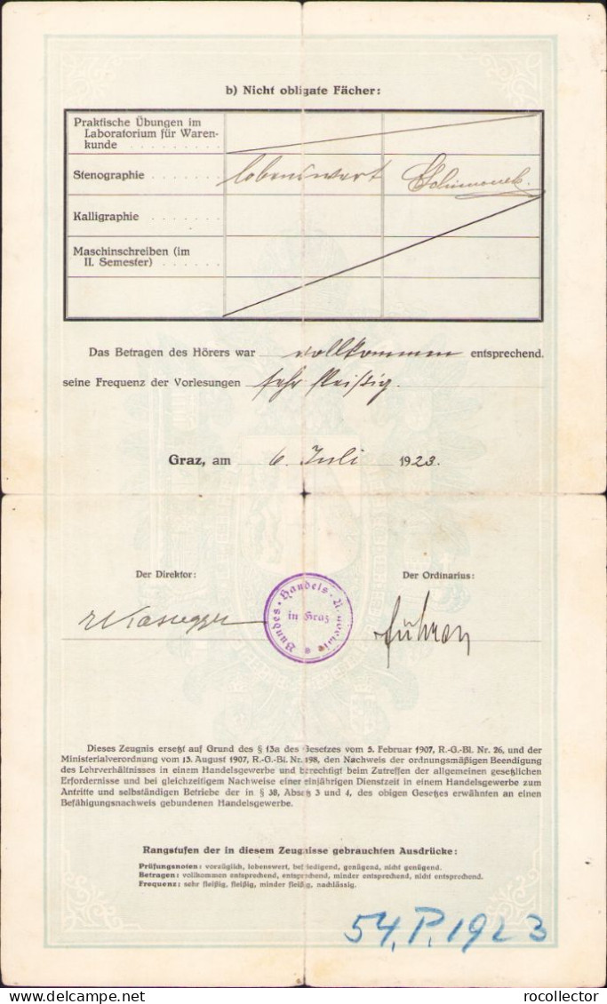 Abiturietenkurs 1923 Graz Austria School Certificate For Transylvanian Saxon From Hammersdorf (Gușterița) A772 - Collections