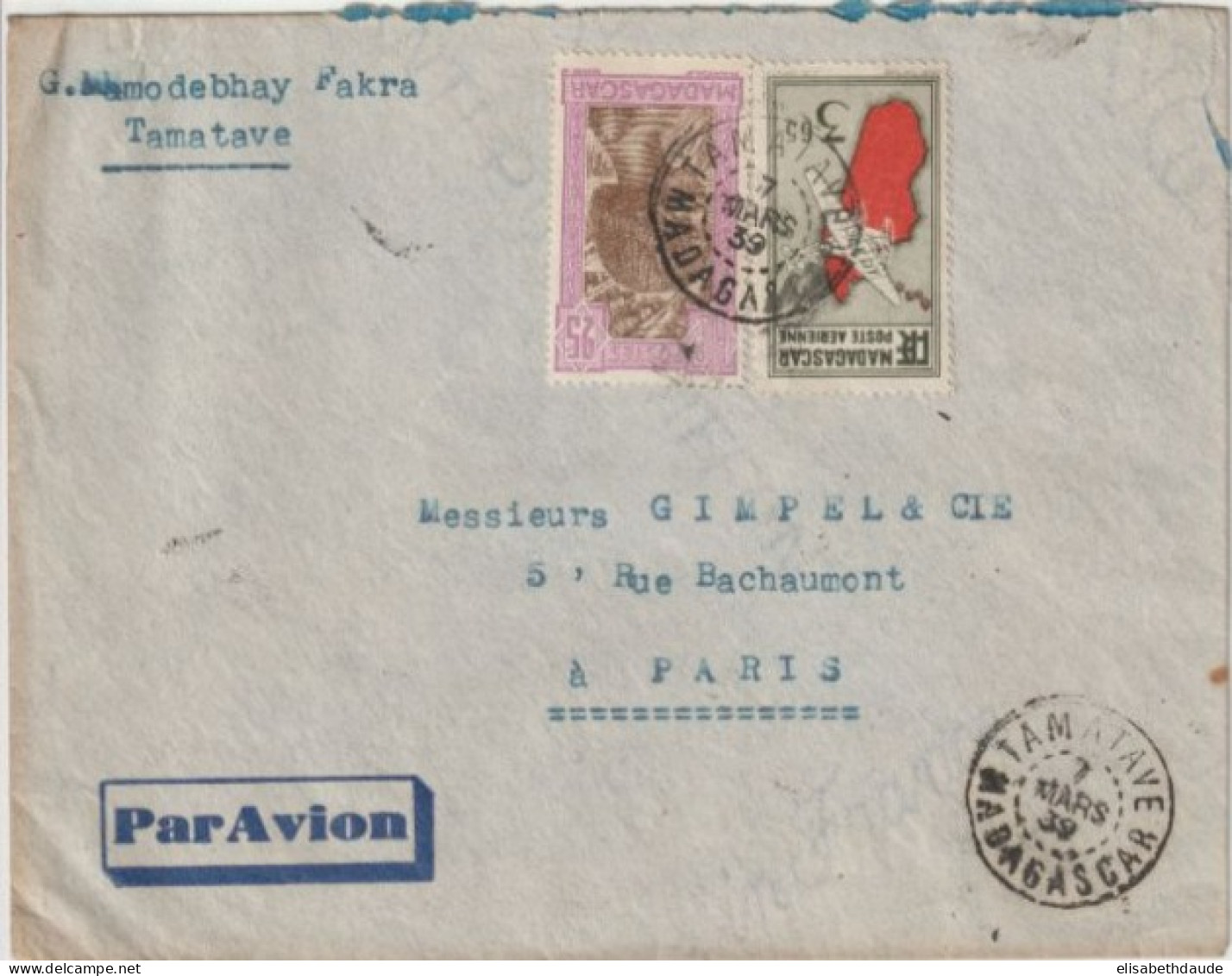 1939 - MADAGASCAR - POSTE AERIENNE - ENV. Par AVION De TAMATAVE => PARIS - Briefe U. Dokumente