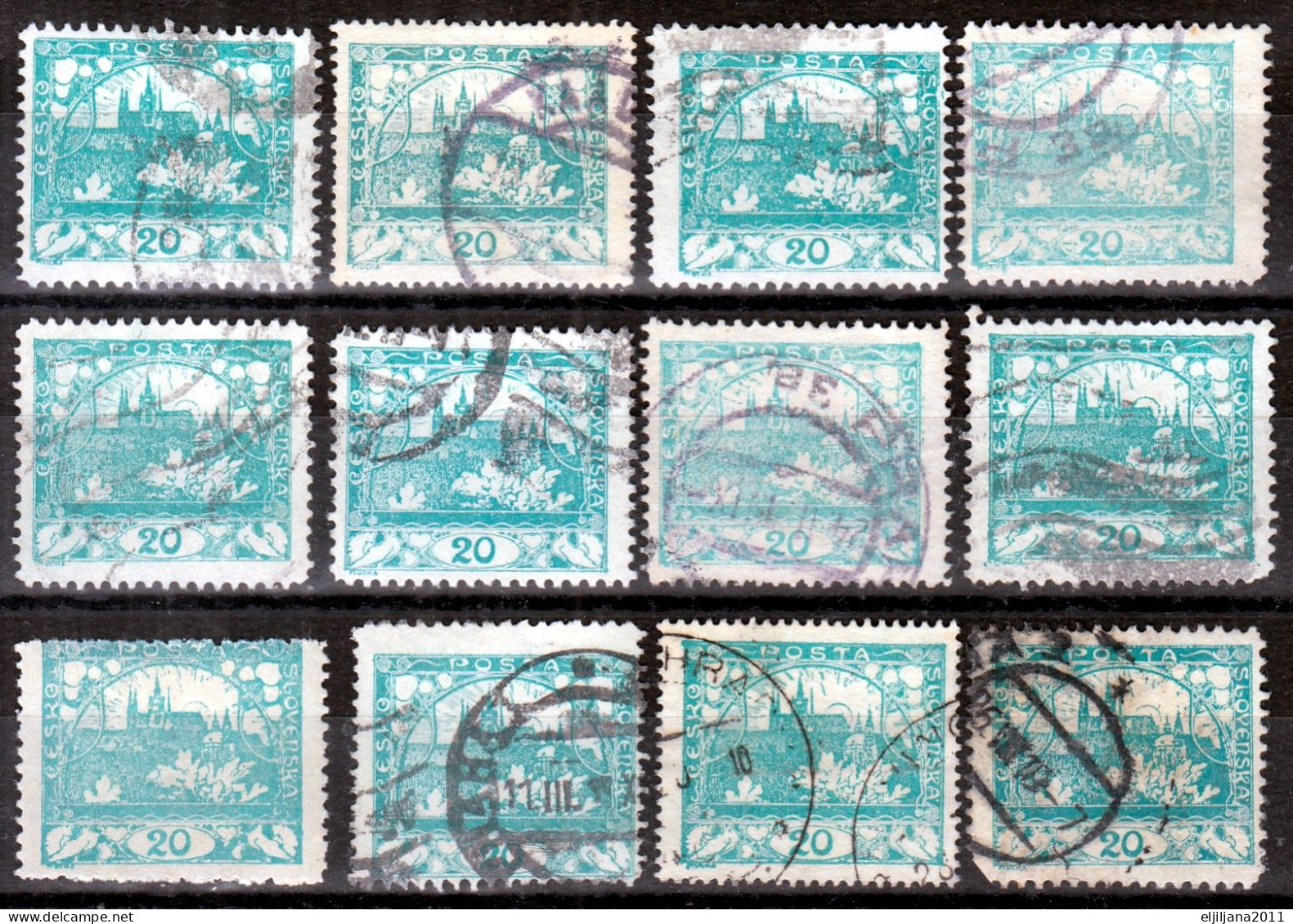 ⁕ Czechoslovakia 1918 Republic ( Castle Of Prague ) ⁕ Hradcany 20 H. Mi.4 A/C/D ⁕ 16v Used / Shades / Perf. Unchecked - Used Stamps