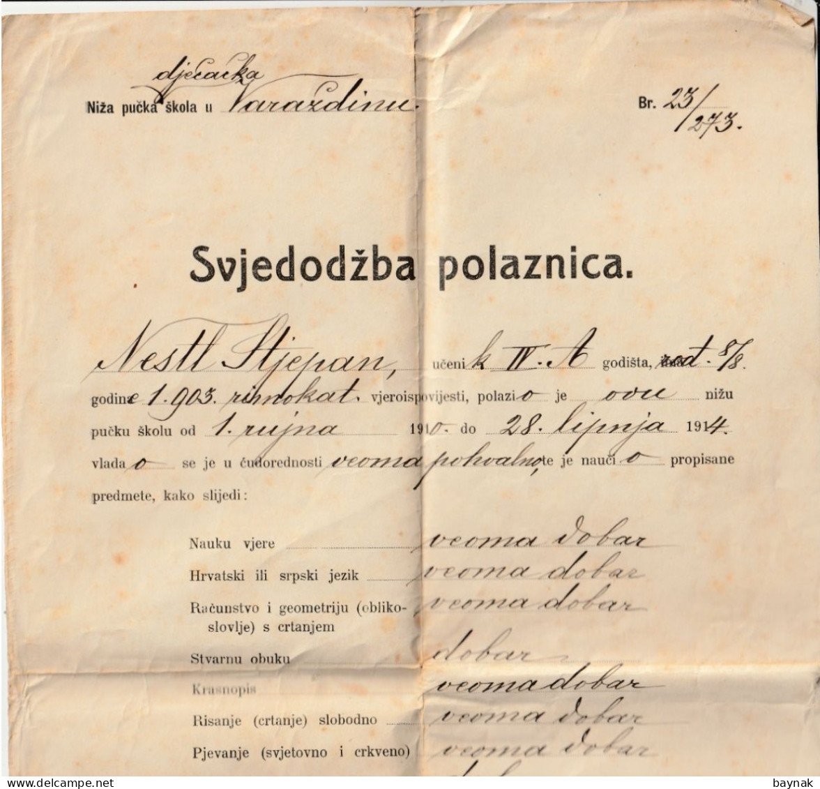 CROATIA  --   VARAZDIN  --   NIZA PUCKA DJECACKA SKOLA  --  SVJEDODZBA POLAZNICA  -   CERTIFICATE  - 1914 - Diplomi E Pagelle