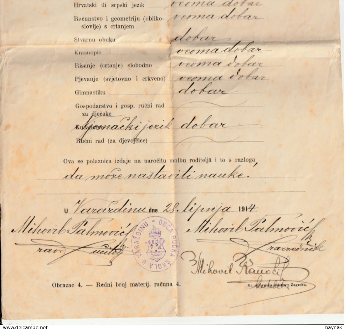 CROATIA  --   VARAZDIN  --   NIZA PUCKA DJECACKA SKOLA  --  SVJEDODZBA POLAZNICA  -   CERTIFICATE  - 1914 - Diplomi E Pagelle