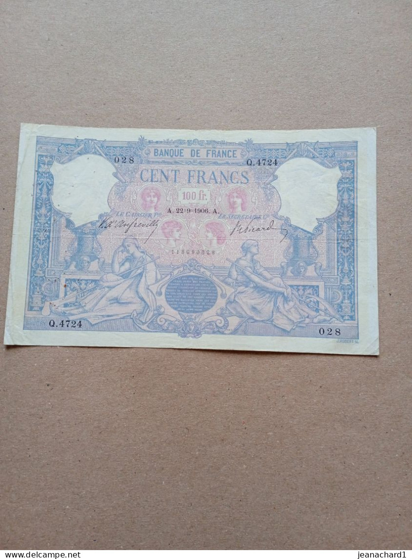 Billlet De 100 Fr Du 22-9-1906 - 100 F 1888-1909 ''Bleu Et Rose''