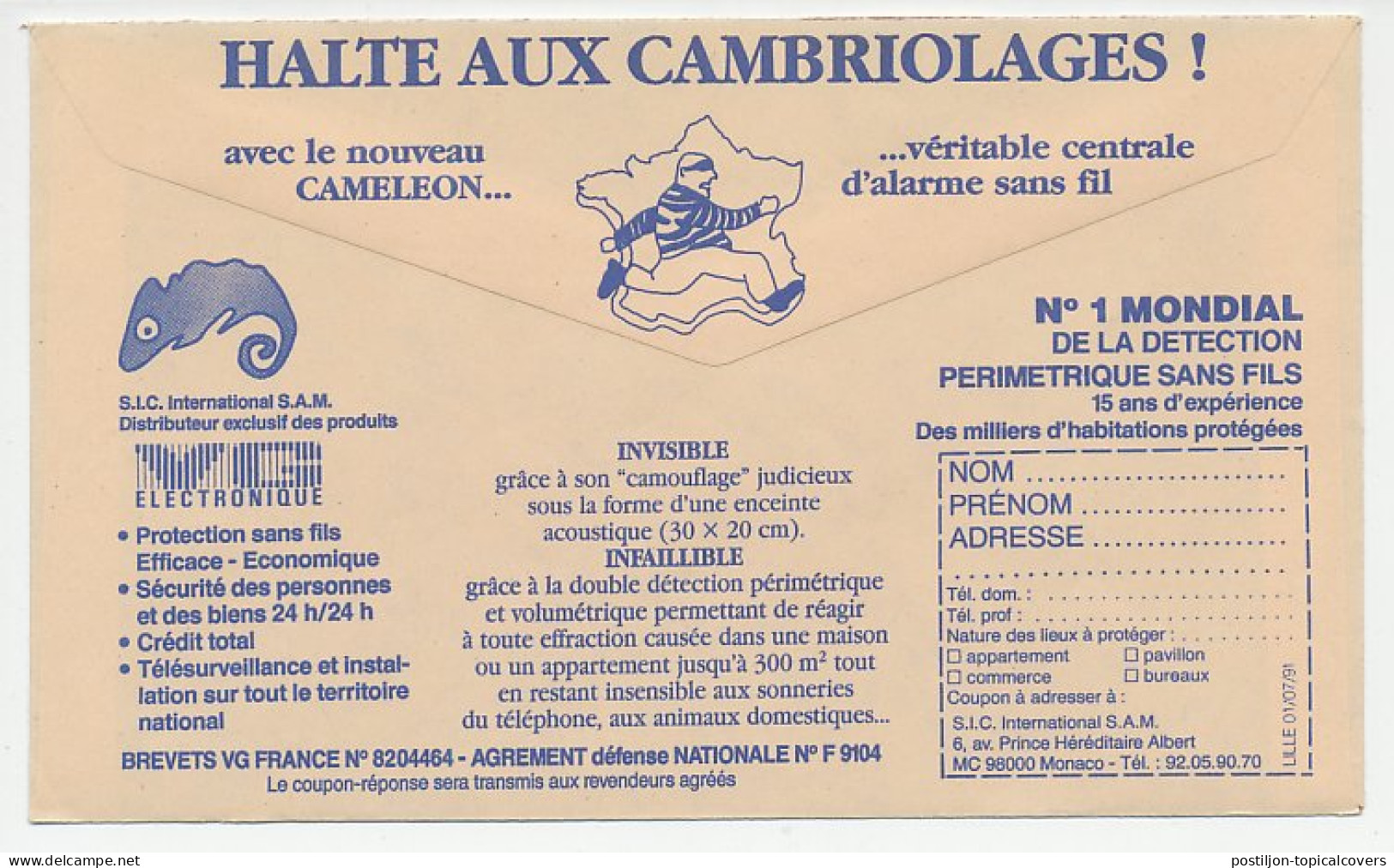 Postal Cheque Cover France 1991 Chameleon - Burglar - Altri & Non Classificati