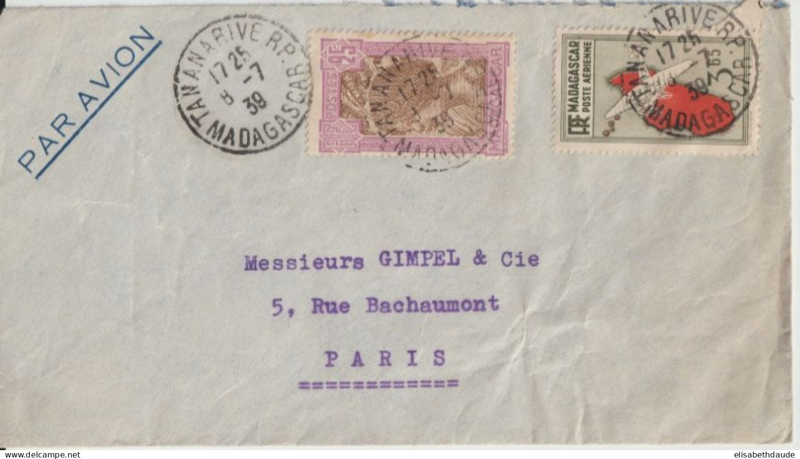 1939 - MADAGASCAR - ENVELOPPE Par AVION De TANANARIVE => PARIS - Lettres & Documents