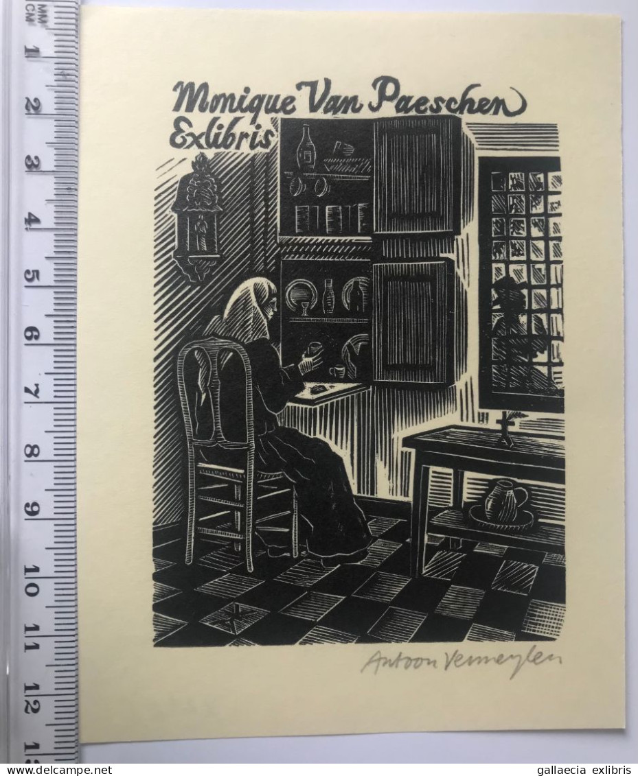 Exlibris Antoon Vermeylen, 1985. Femme Maison Cuisine. Ex-libris Antoon Vermeylen, 1985. Girl House Kitchen - Ex-libris