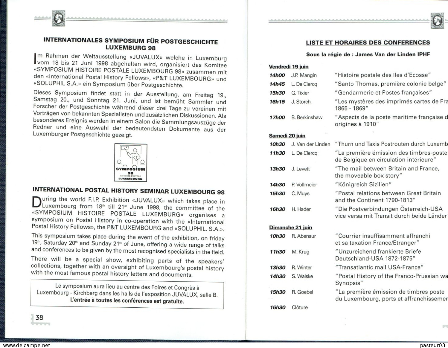 Symposium Histoire Postale Luxembourg 1998 - Filatelie En Postgeschiedenis