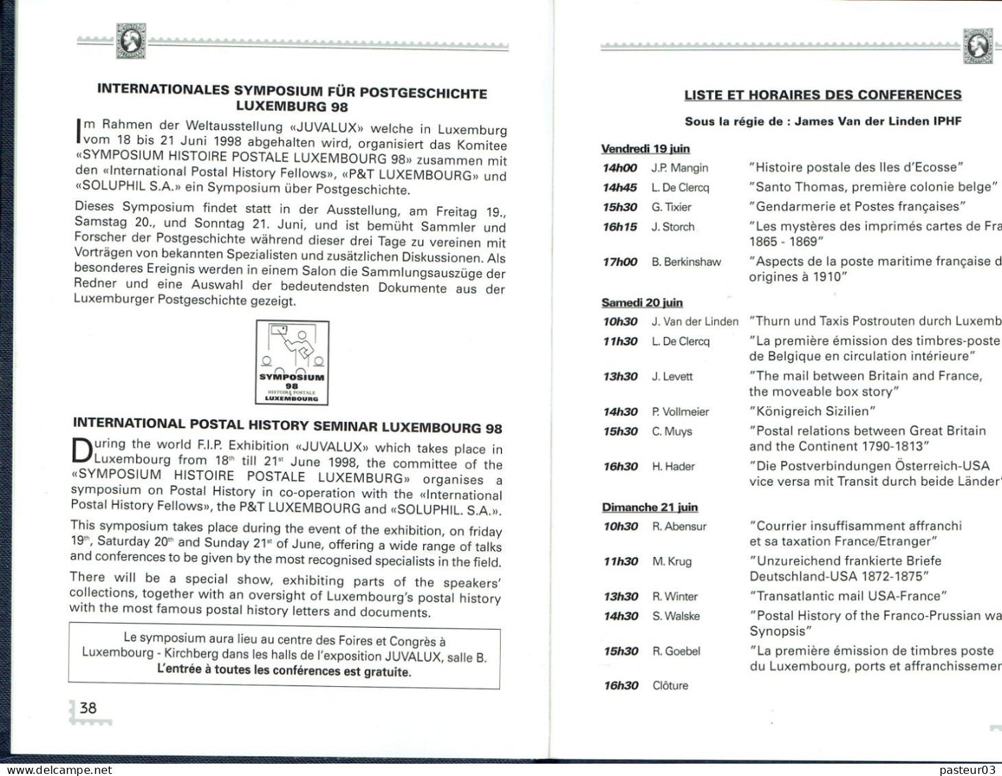 Symposium Histoire Postale Luxembourg 1998 - Philatélie Et Histoire Postale