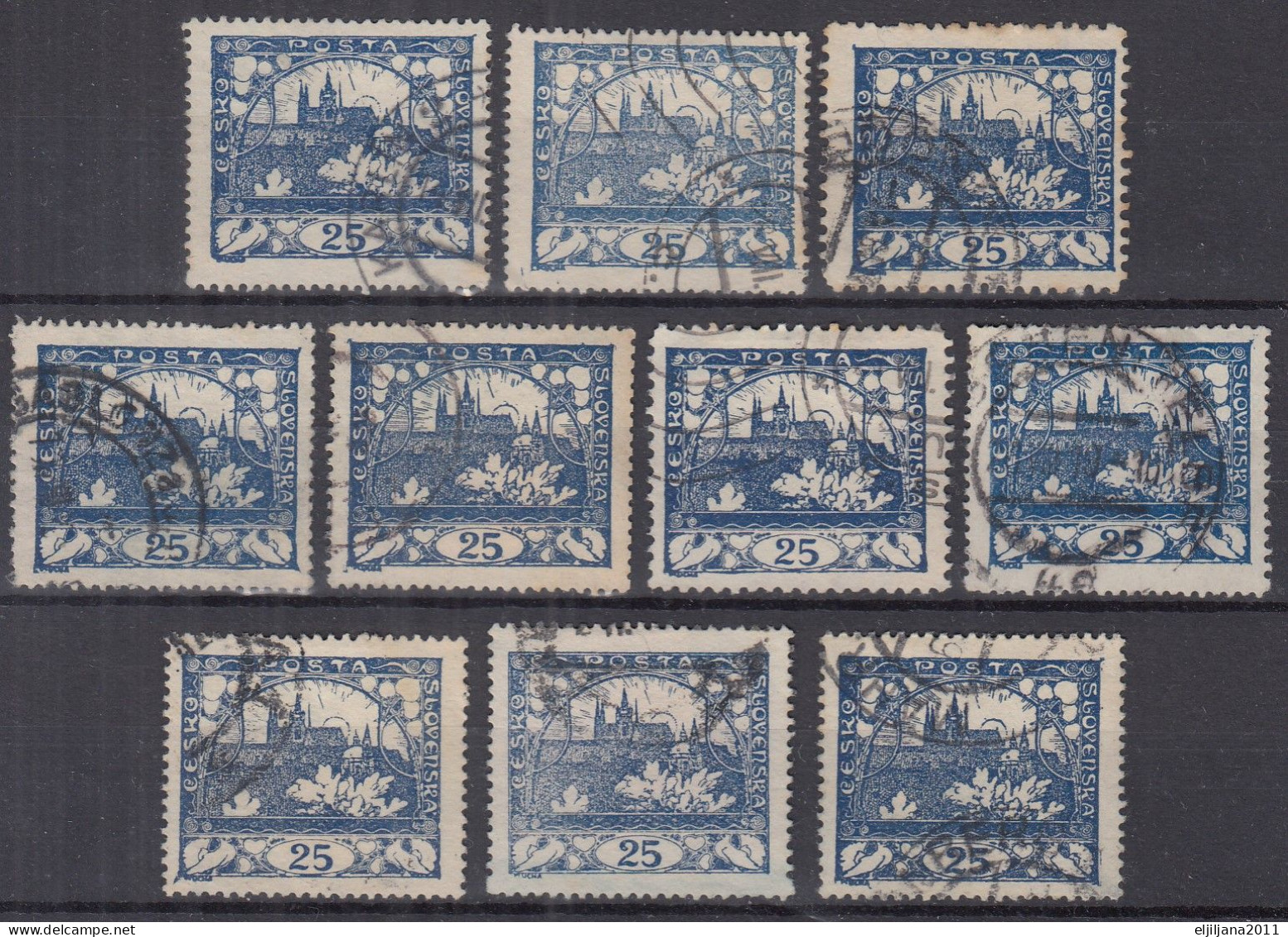 ⁕ Czechoslovakia 1918 Republic ( Castle Of Prague ) ⁕ Hradcany 25 H. Mi.5 A/D ⁕ 10v Used / Shades / Perf. Unchecked - Used Stamps