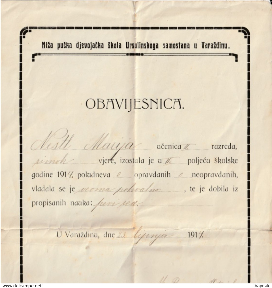 CROATIA  --   VARAZDIN  --   NIZA PUCKA  DJEVOJACKA  SKOLA URSULINSKOGA SAMOSTANA U VARAZDINU --  OBAVIJESNICA    - 1914 - Diplomi E Pagelle