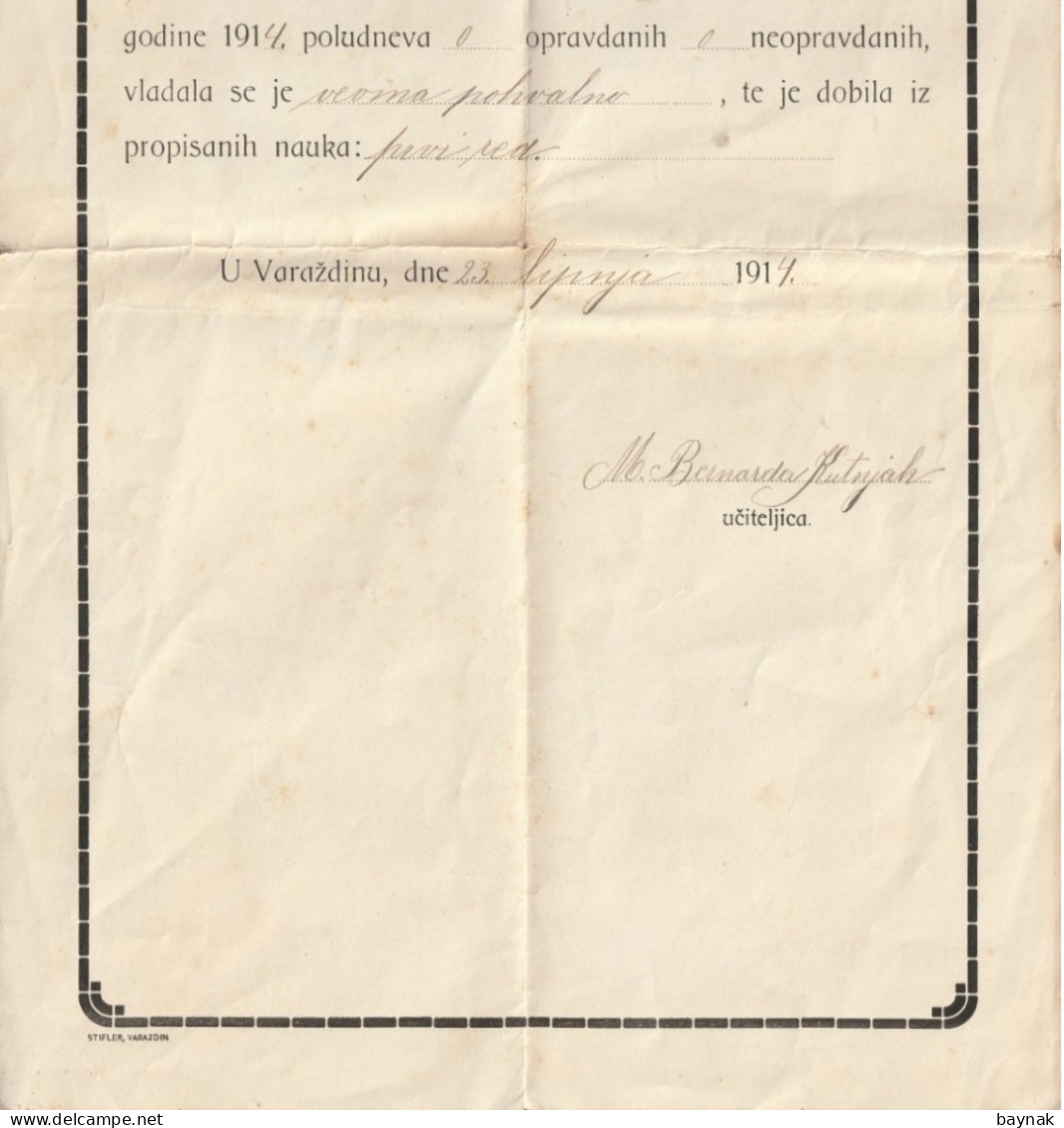 CROATIA  --   VARAZDIN  --   NIZA PUCKA  DJEVOJACKA  SKOLA URSULINSKOGA SAMOSTANA U VARAZDINU --  OBAVIJESNICA    - 1914 - Diplomi E Pagelle