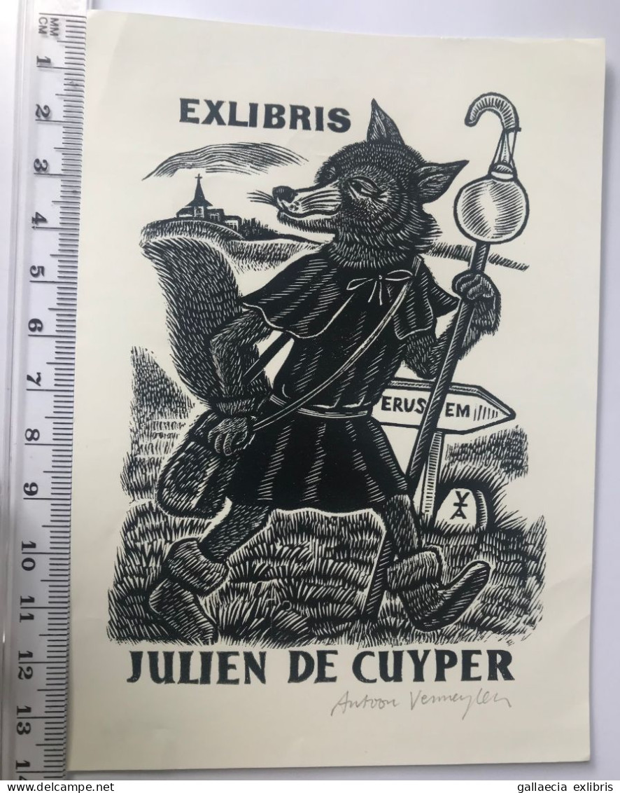 Exlibris Antoon Vermeylen. Renard Pélerin Bourdon Jérusalem. Ex-libris Antoon Vermeylen. Fox Pilgrim Staff Jerusalem - Ex-libris