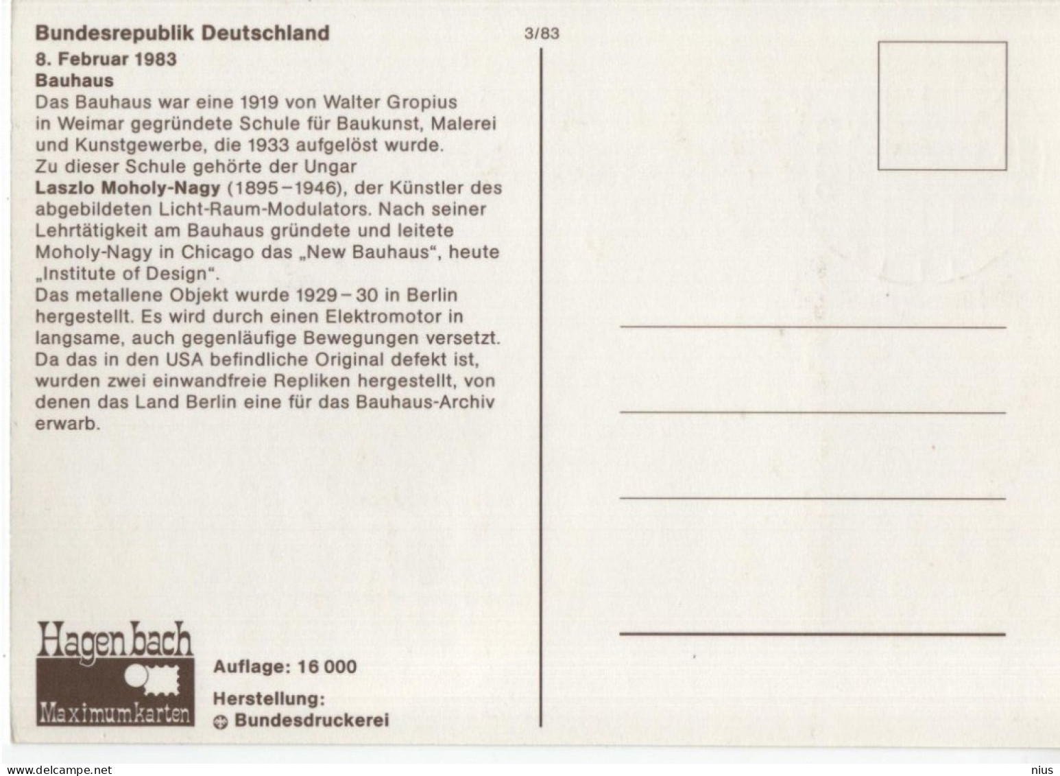 Germany Deutschland 1983 Maximum Card, Bauhaus, Laszlo Moholy-Nagy, Art Kunst, Canceled In Bonn - 1981-2000