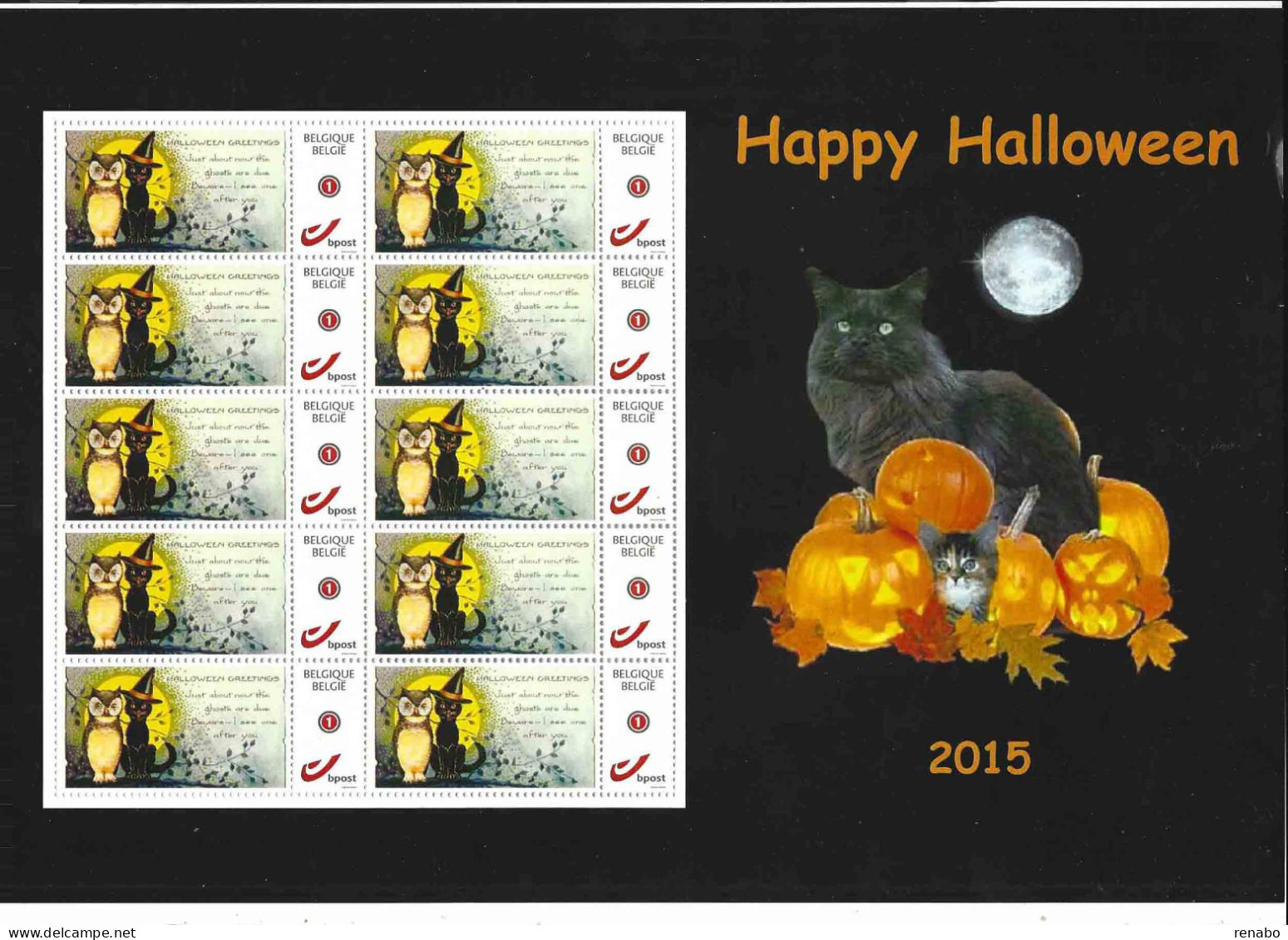 Belgique Belgien Belgie Belgium Duostamp 2015; Halloween: CAT, Owl, Pumpkins, Full Moon. Sheet Of 10 Stamps. - Gatti