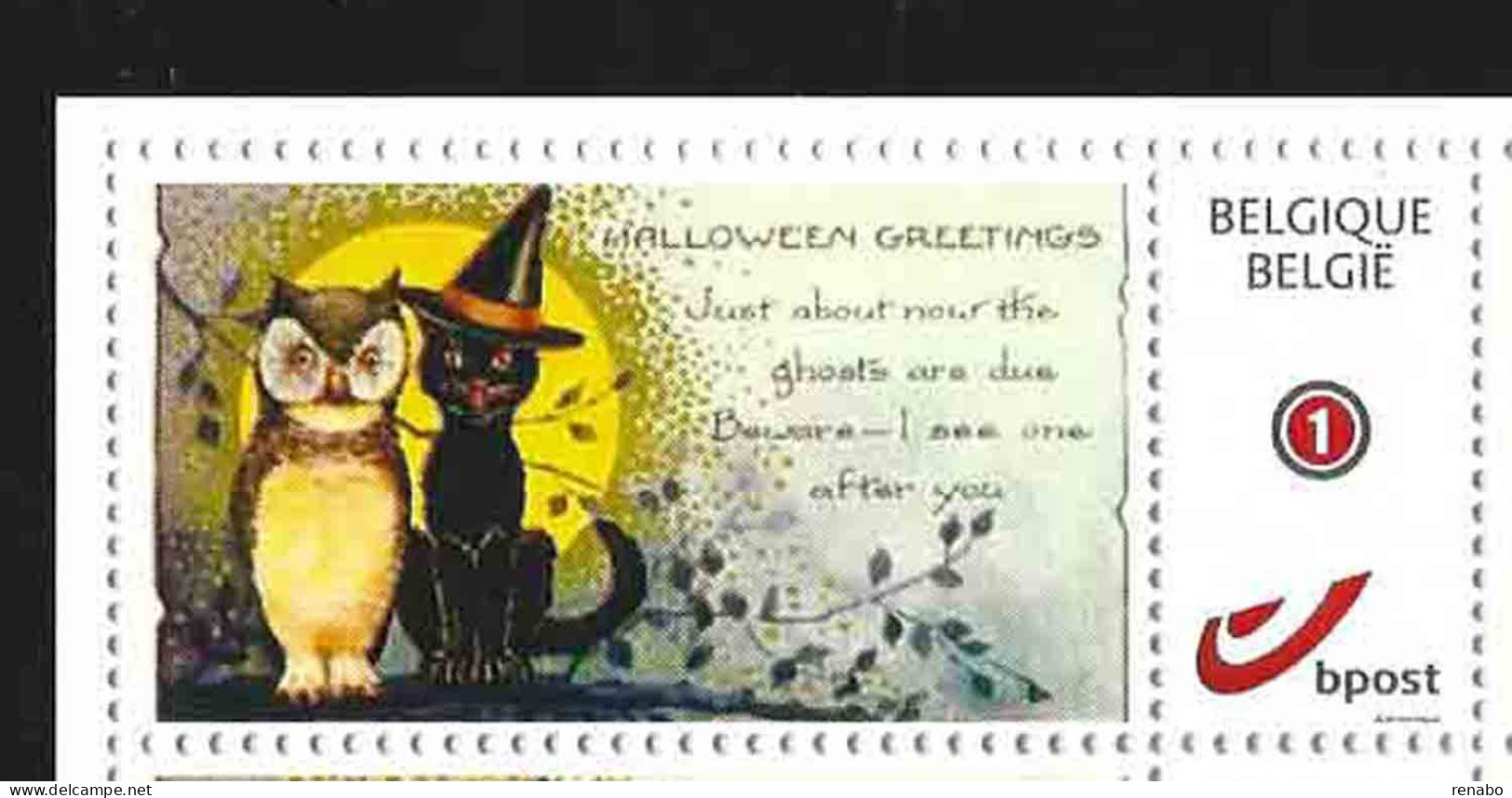 Belgique Belgien Belgie Belgium Duostamp 2015; Halloween: CAT, Owl, Pumpkins, Full Moon. Sheet Of 10 Stamps. - Gatti