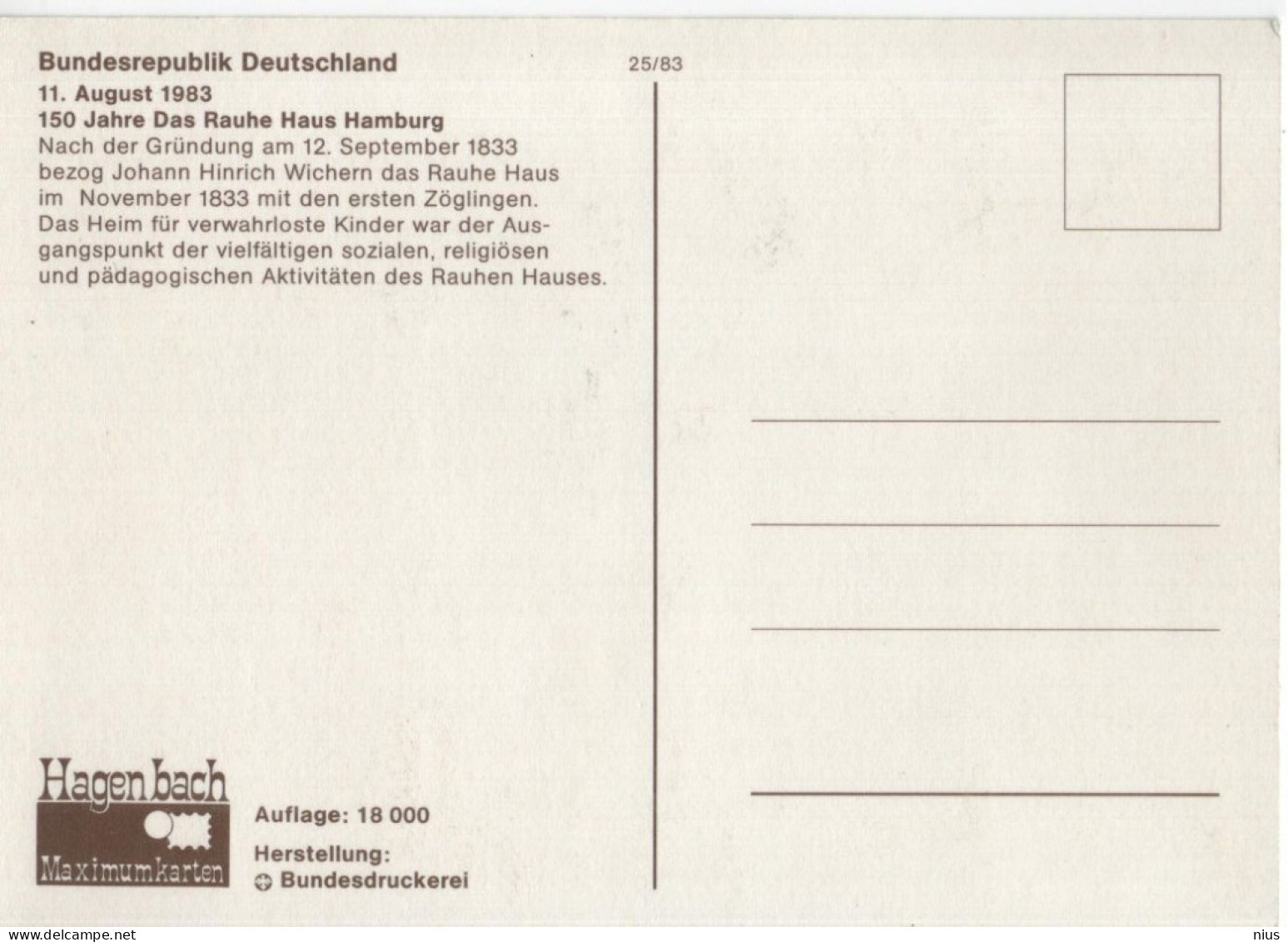 Germany Deutschland 1983 Maximum Card, 150 Jahre Das Rauhe Haus Hamburg, Canceled In Bonn - 1981-2000