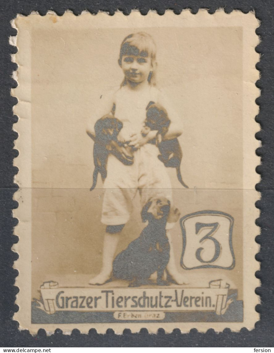 DOG Dachshund GIRL / ANIMAL PROTECTION Graz Austria 1910 Charity LABEL CINDERELLA VIGNETTE Tierschutz Verein - Honden