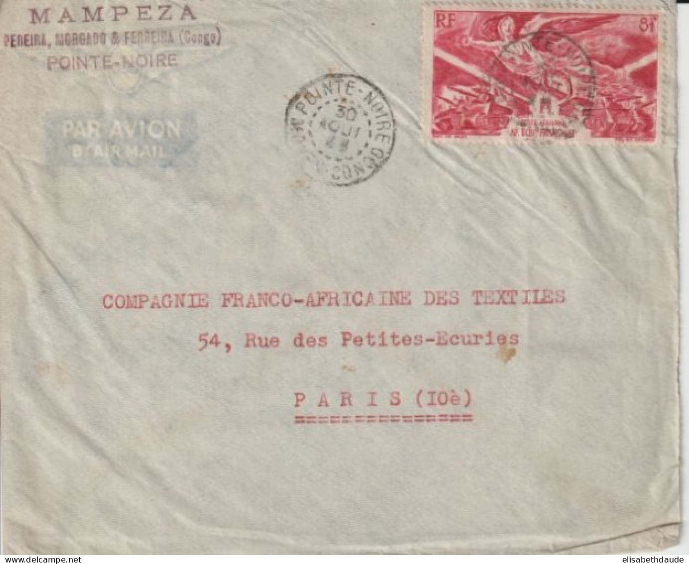 1946 - AEF / MOYEN CONGO - ENVELOPPE Par AVION De POINTE NOIRE => PARIS - Covers & Documents