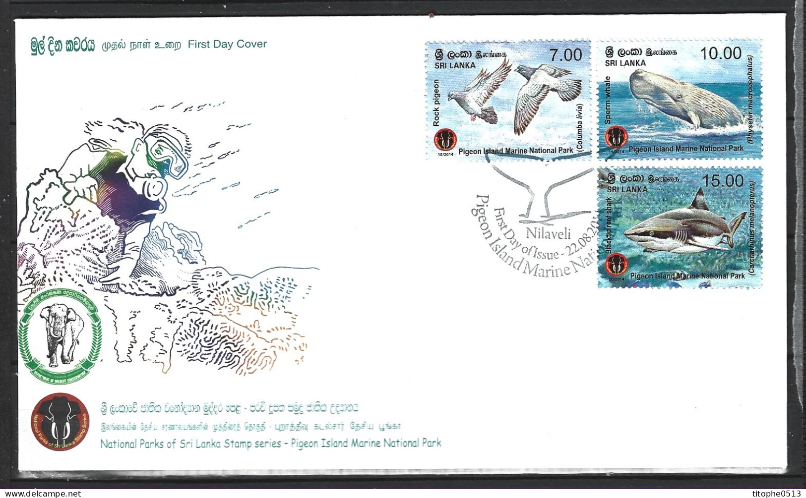 SRI LANKA. N°1946-8 De 2014 Sur Enveloppe 1er Jour. Cachalot/Requin/Pigeon. - Tauben & Flughühner