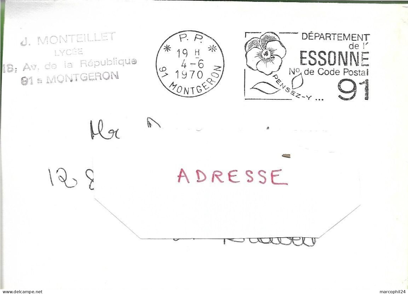 ESSONNE - Dépt N° 91 = MONTGERON 1970 = FLAMME PP Codée à DROITE - SECAP ' N° De CODE POSTAL / PENSEZ-Y ' + ENVELOPPE - Código Postal