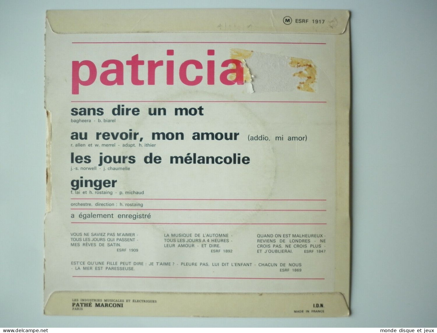 Patricia 45Tours EP Vinyle Sans Dire Un Mot - 45 T - Maxi-Single
