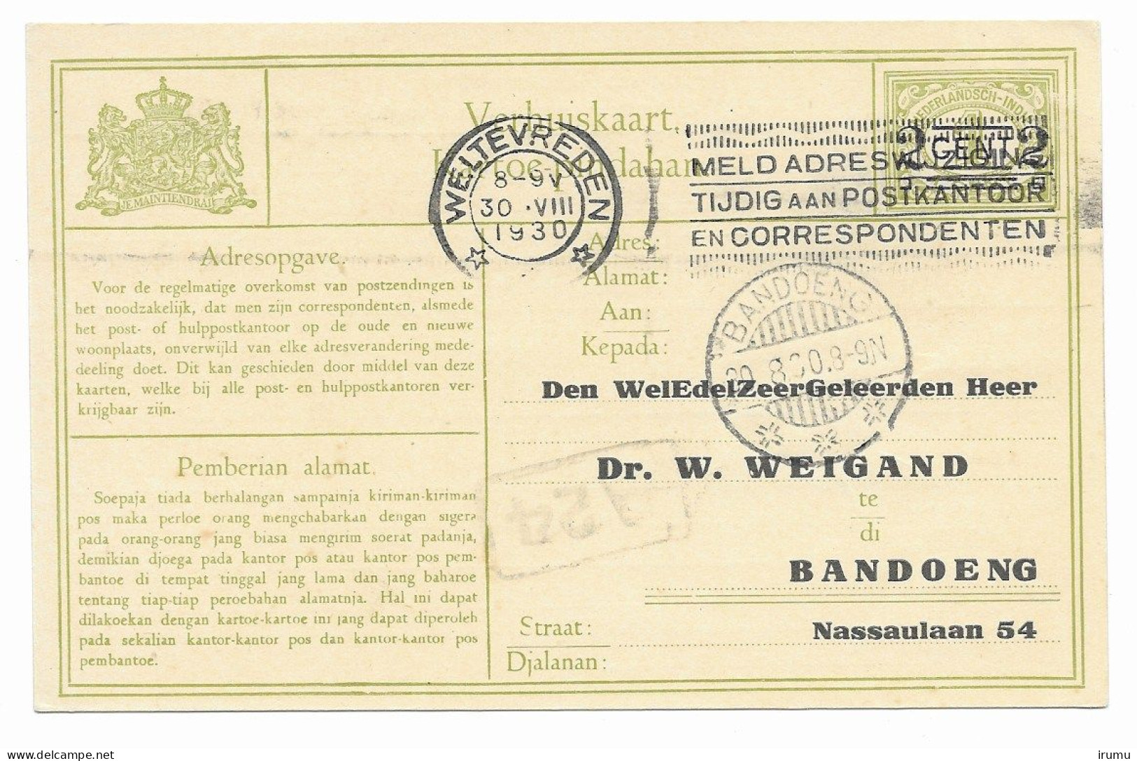 Ned. Indië 1930, Verhuiskaart G7b Van Weltevreden (SN 2799) - Niederländisch-Indien