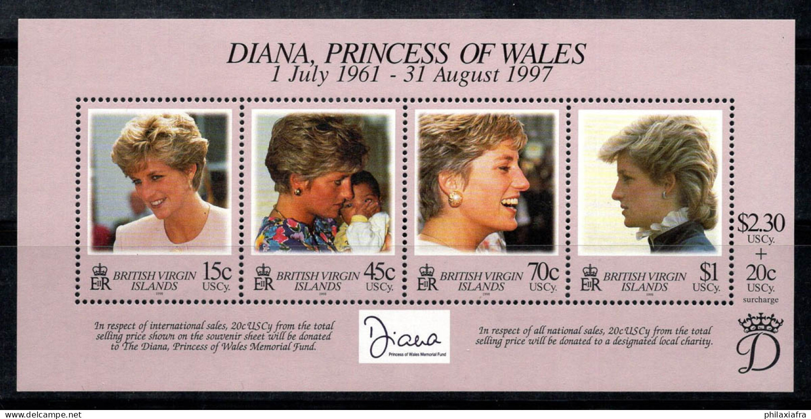Îles Vierges Britanniques 1998 Mi. Bl. 93 Bloc Feuillet 100% Neuf ** Princesse Diana - Iles Vièrges Britanniques