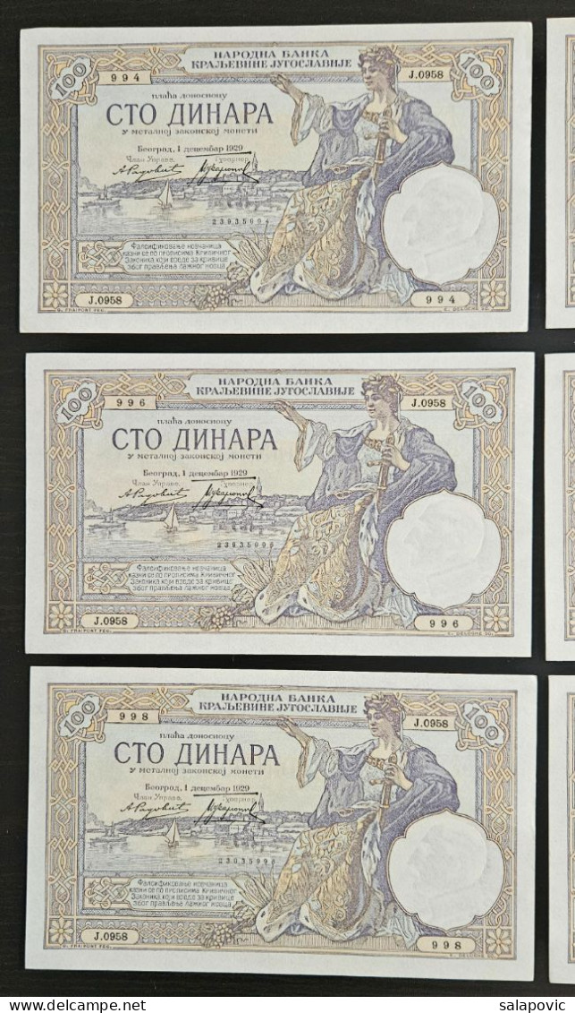 6 X 100 Dinara 1929 UNC, Aleksandar Kingdom Of Yugoslavia, Serial Numbers  994, 995, 996, 997, 998, 999 - Yougoslavie