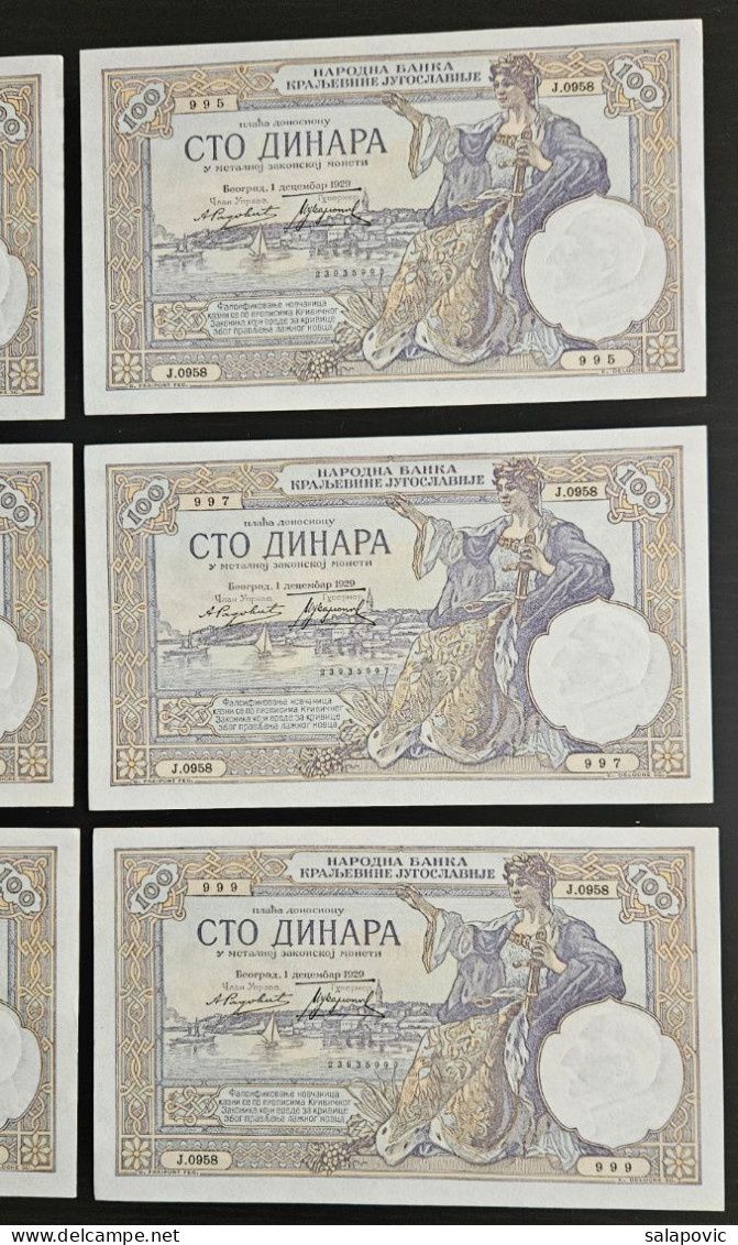 6 X 100 Dinara 1929 UNC, Aleksandar Kingdom Of Yugoslavia, Serial Numbers  994, 995, 996, 997, 998, 999 - Yougoslavie