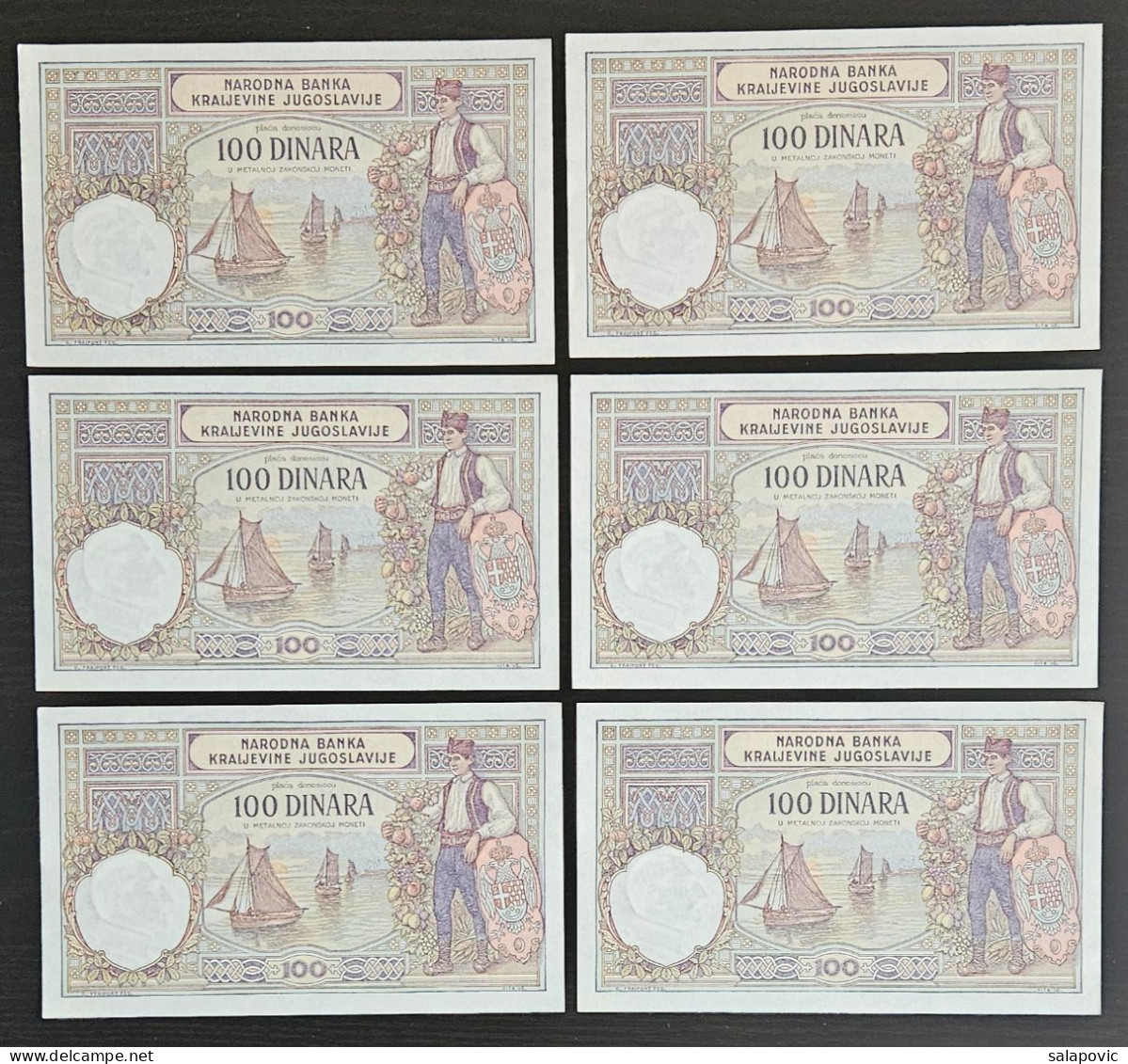 6 X 100 Dinara 1929 UNC, Aleksandar Kingdom Of Yugoslavia, Serial Numbers  994, 995, 996, 997, 998, 999 - Yugoslavia