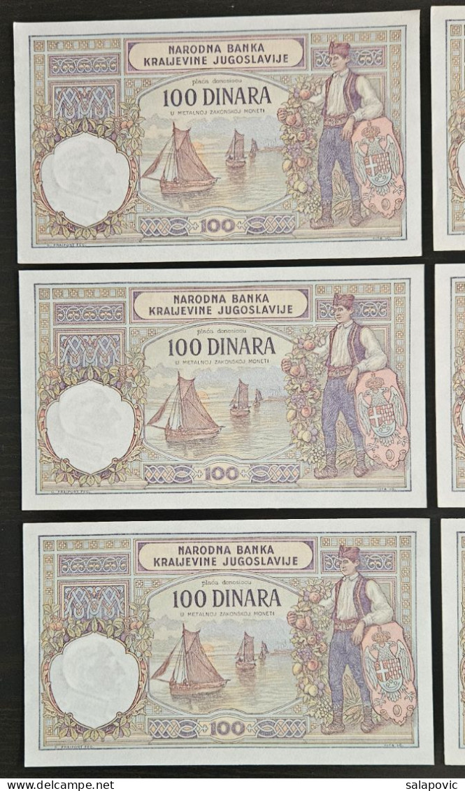 6 X 100 Dinara 1929 UNC, Aleksandar Kingdom Of Yugoslavia, Serial Numbers  994, 995, 996, 997, 998, 999 - Jugoslavia