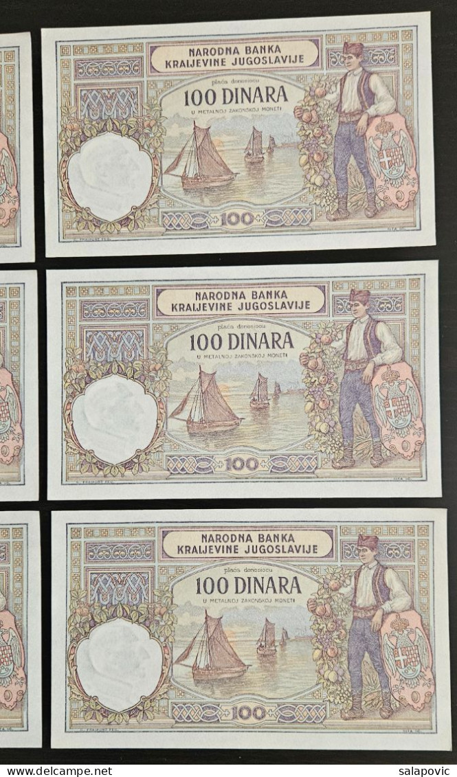 6 X 100 Dinara 1929 UNC, Aleksandar Kingdom Of Yugoslavia, Serial Numbers  994, 995, 996, 997, 998, 999 - Yugoslavia