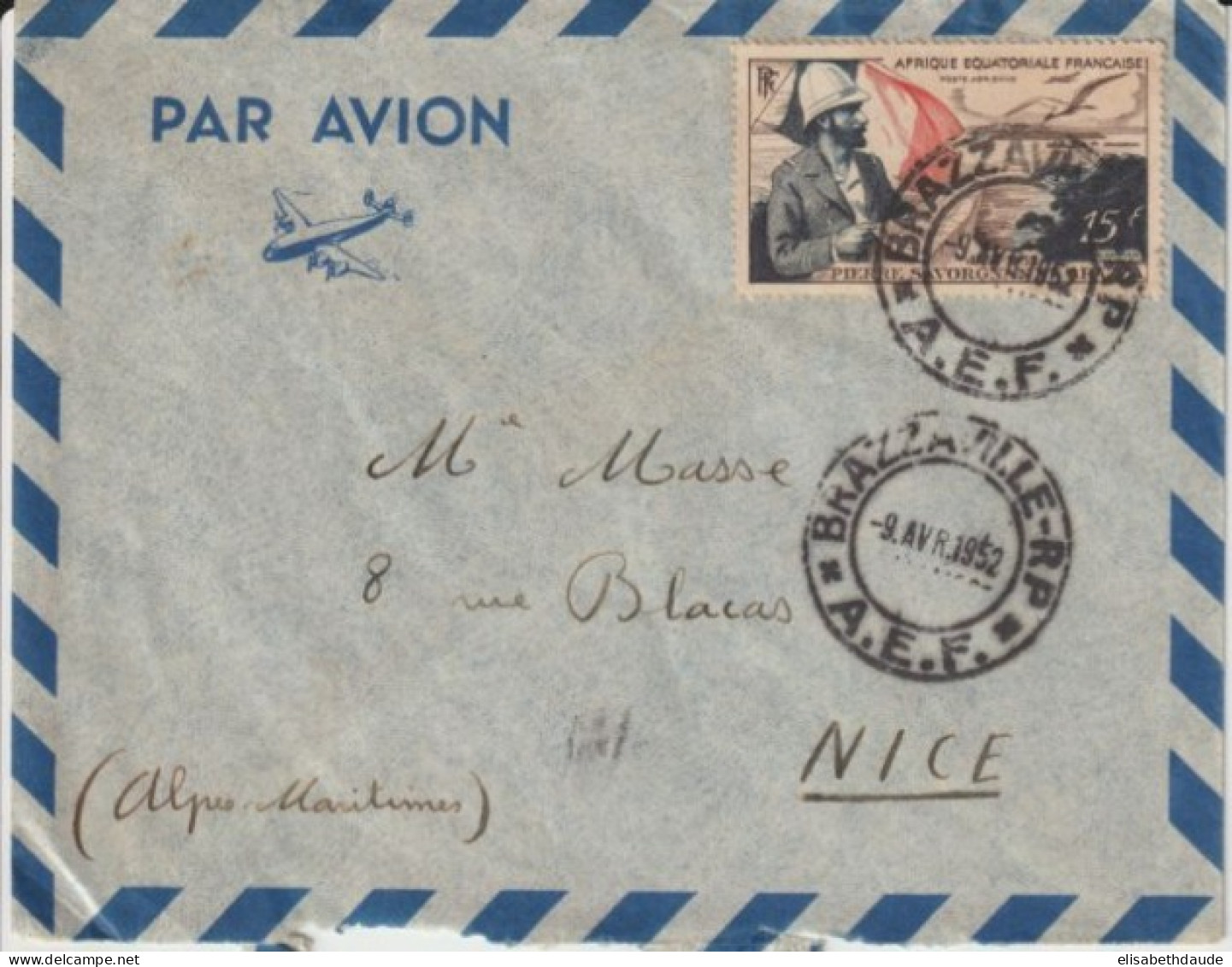 1952 - AEF - ENVELOPPE Par AVION De BRAZZAVILLE => NICE - Covers & Documents