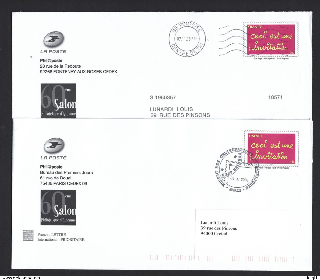 FRANCE 2005. PAP Y&T Type (n°3760) - " 60ème Salon Philatélique D'Automne " Sur 2 Enveloppes. LA POSTE - Phil@poste. TB. - Pseudo-interi Di Produzione Ufficiale