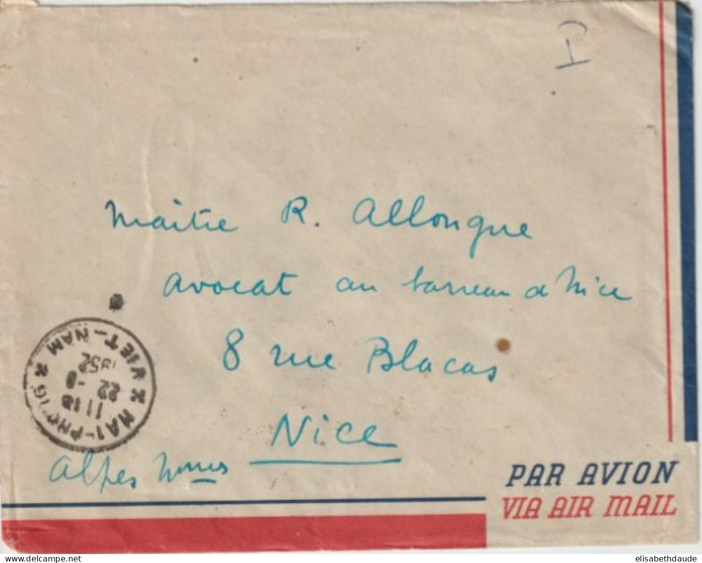 1952 - VIET-NAM - ENVELOPPE Par AVION De HAI-PHONG => NICE - Vietnam