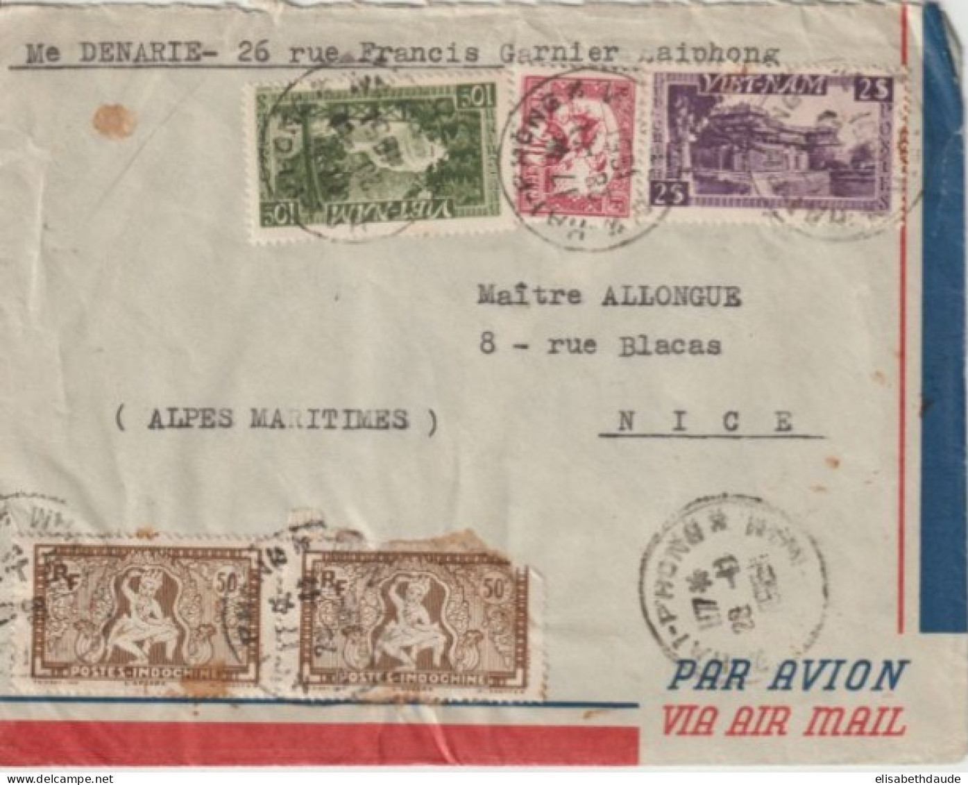 1951 - VIET-NAM - ENVELOPPE Par AVION De HAI-PHONG => NICE - Viêt-Nam