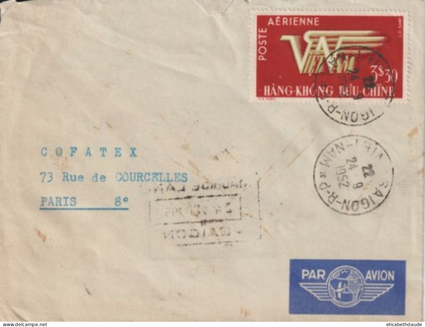 1952 - VIET-NAM - MARQUE COMMERCIALE DATEE AU DOS - ENVELOPPE Par AVION De SAIGON => PARIS - Viêt-Nam