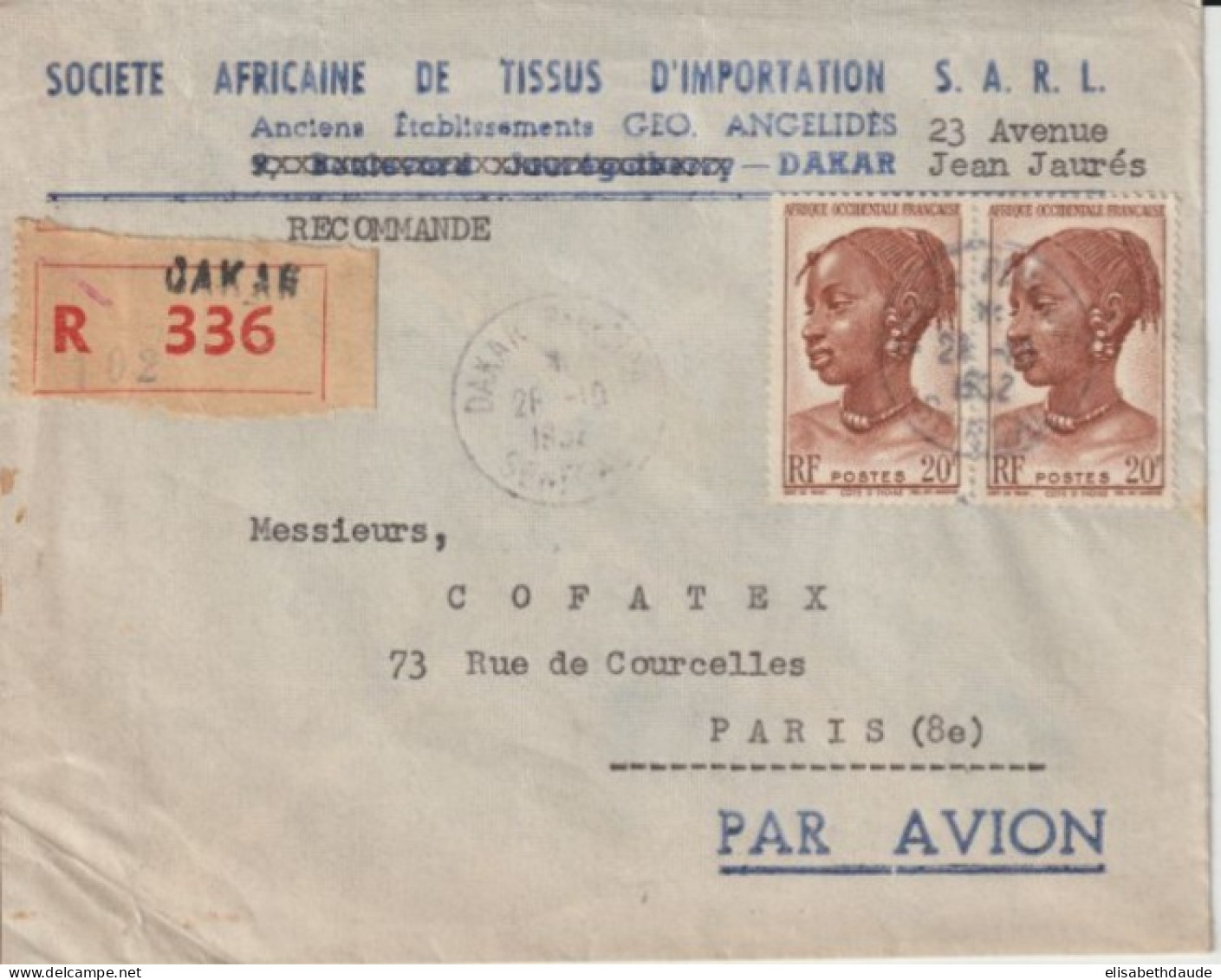 1952 - AOF / SENEGAL - ENVELOPPE RECOMMANDEE Par AVION De DAKAR => PARIS - Covers & Documents