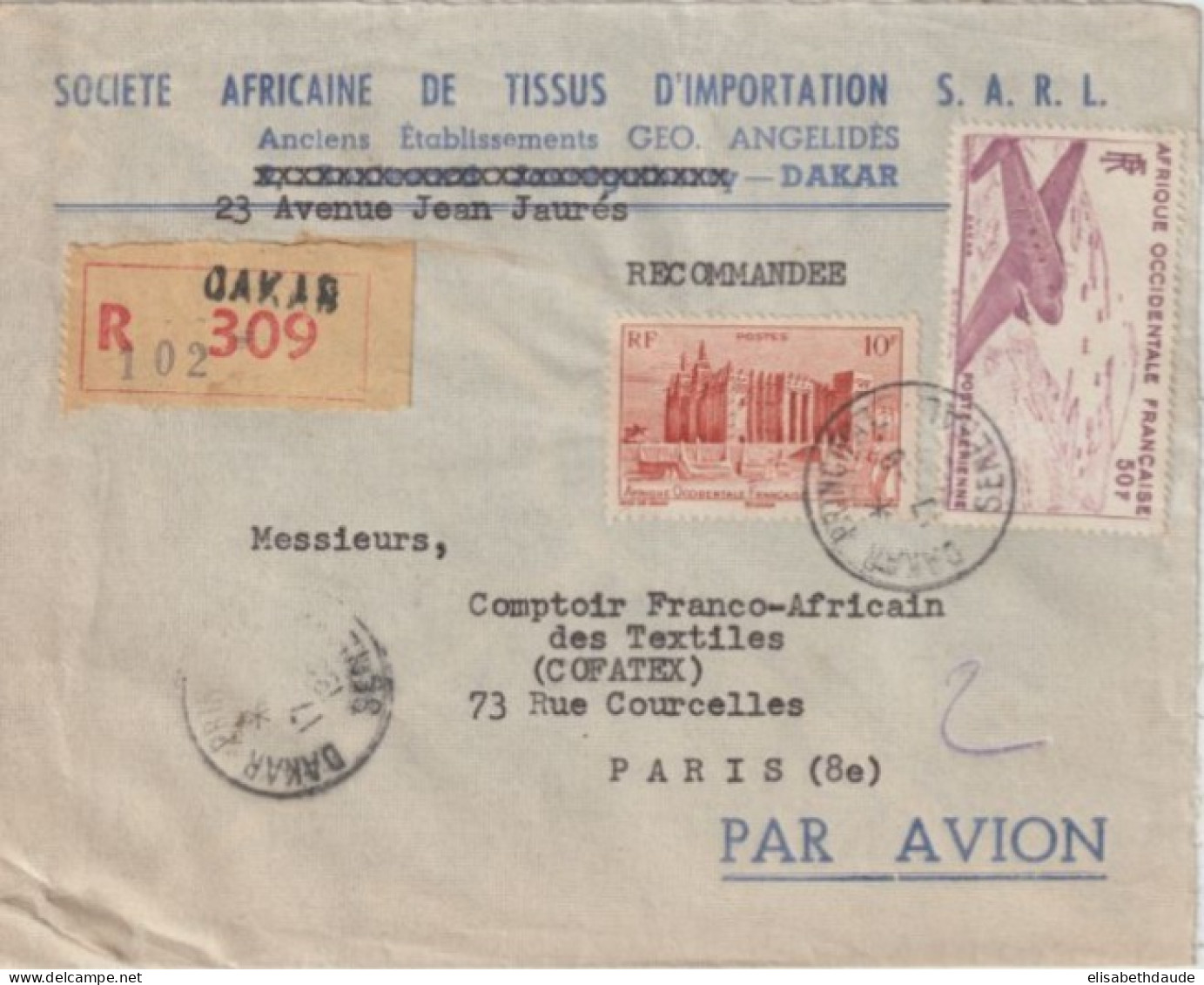 1952 - AOF / SENEGAL - ENVELOPPE RECOMMANDEE Par AVION De DAKAR => PARIS - Covers & Documents