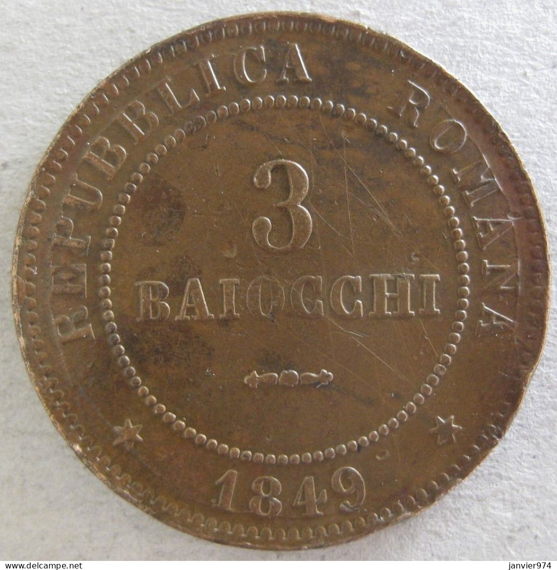 Repubblica Romana . 3 Baiocchi 1849, En Cuivre , KM# 23 - République Cisalpine / République Italienne