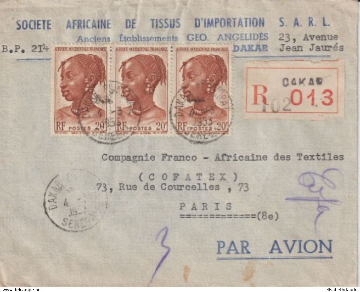 1953 - AOF / SENEGAL - ENVELOPPE RECOMMANDEE Par AVION De DAKAR => PARIS - Covers & Documents