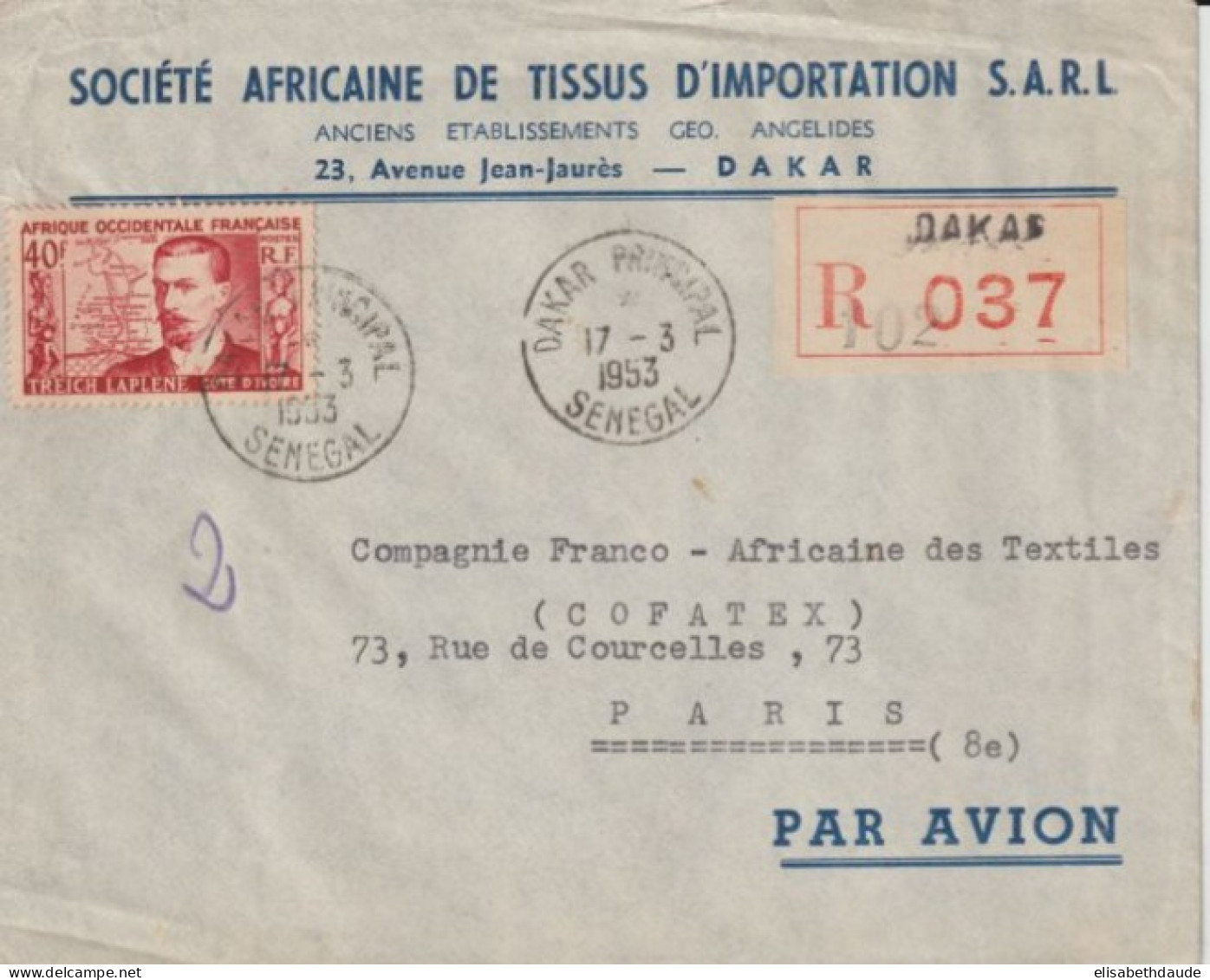 1953 - AOF / SENEGAL - ENVELOPPE RECOMMANDEE Par AVION De DAKAR => PARIS - Briefe U. Dokumente