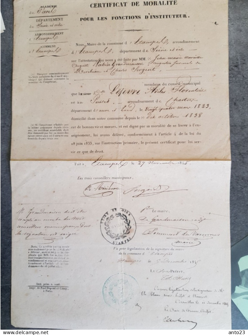 Certificat De Moralité Pour Les Fonctions D'Instituteur Académie De Paris 1823 - Diplomi E Pagelle