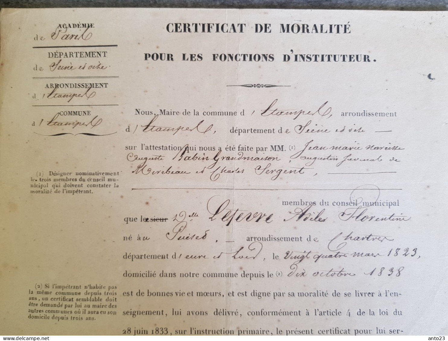 Certificat De Moralité Pour Les Fonctions D'Instituteur Académie De Paris 1823 - Diplomi E Pagelle