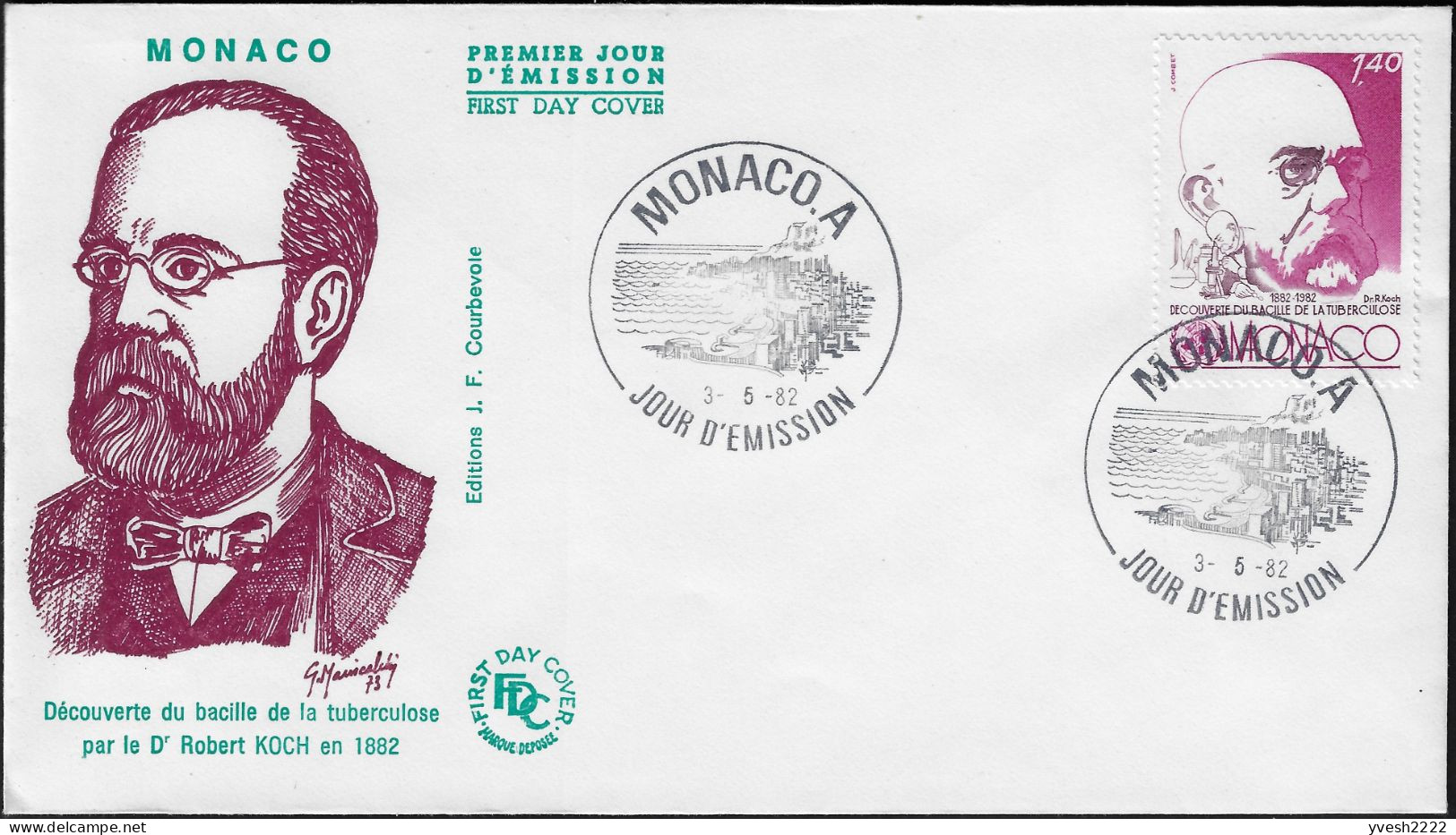 Monaco 1982 Y&T 1333 Sur FDC. Découverte Du Bacille De La Tuberculose De Robert Koch, Nobel De Médecine - Malattie