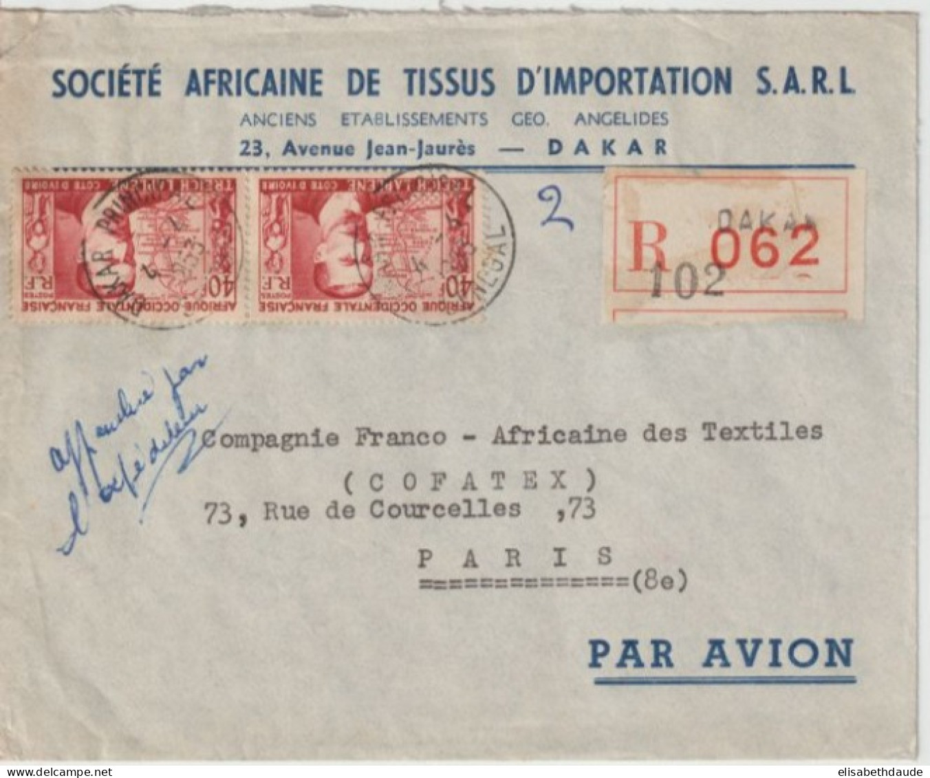 1953 - AOF / SENEGAL - ENVELOPPE RECOMMANDEE Par AVION De DAKAR => PARIS - Lettres & Documents